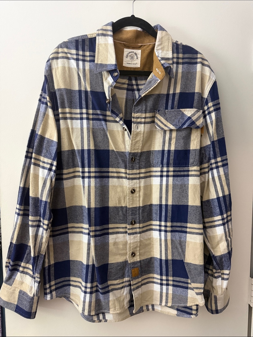 Amazon Women's Navy and Cream Plaid Button-Down Shirt